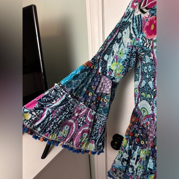 Moroccan Night Printed sequin Bell Sleeve Dress Kaftan Dress Pom-poms S/M #1352 - Picture 3 of 8